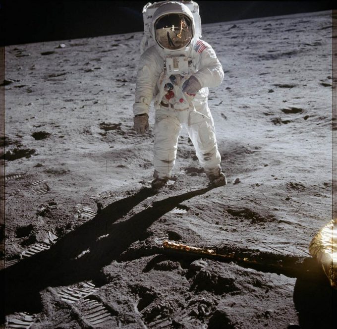 ©NASA, as11-40-5903. Astronaut Edwin E. Aldrin Jr., lunar module pilot, walks on the surface of the moon near the leg of the Lunar Module (LM) "Eagle" during the Apollo 11 extravehicular activity (EVA). Astronaut Neil A. Armstrong, commander, took this photograph with a 70mm lunar surface camera.