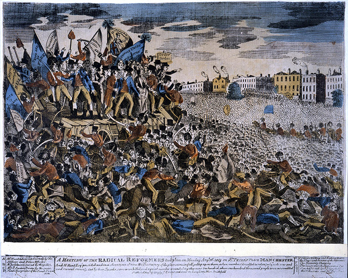 An artist's interpretation of the Peterloo Massacre that features a crowd of people being attacked by soldiers.