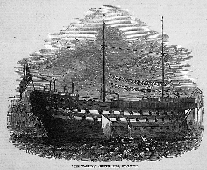 Reproduction of the convict hulk 'Warrior' at Woolwich in 1846.