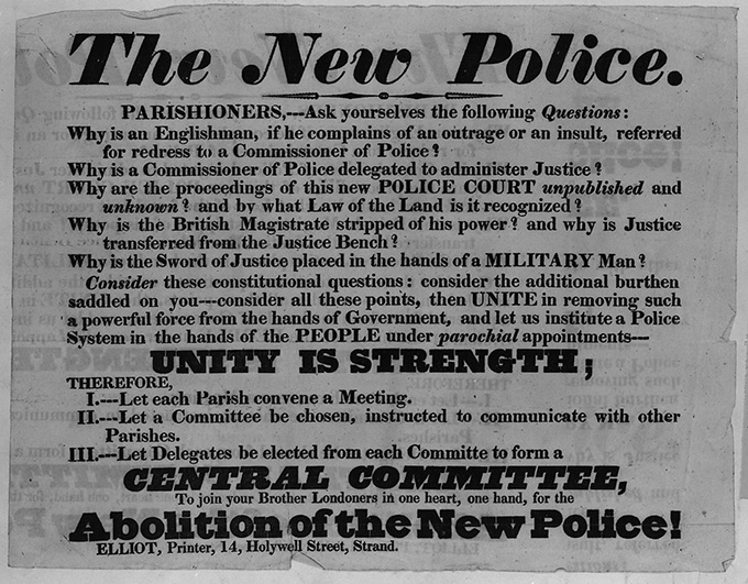 An anti-police handbill. Standout text includes 'The New Police', 'unity is strength' and 'Abolition of the new police!'.