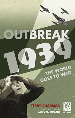 Front cover image of Terry Charman's book Outbreak 1939 featuring a young boy looking towards planes in the sky.