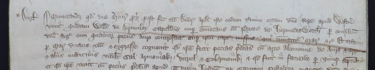 Manuscript document featuring an accusation of producing counterfeit coins by means of alchemy and certain 'medicines', named on the fifth line as ‘sal armoniak’, ‘vitriol’ and ‘golermonik’ – probably meant to read ‘bole armoniak’ [document reference: KB 27/448 rex rot. 14d]