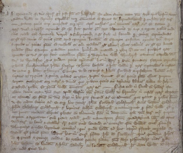 Manuscript document featuring the trial of William de Brumley for attempting to sell counterfeit coins, allegedly made by means of alchemy [catalogue reference: KB 27/448 rex rot. 14d]