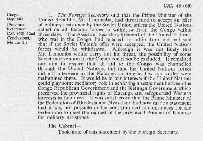 Typed page extract in which the Foreign Secretary voices his concerns over Soviet involvement in the Congo; catalogue reference: CAB 128/34/43.