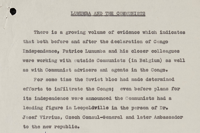 Typed page extract which alludes to Lumumba’s links with Communist advisers.