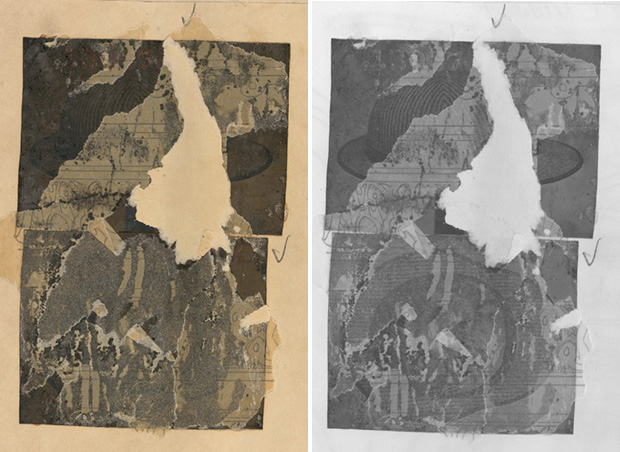 Two examples of an image captured with the multispectral imaging system. On the left is a true colour image, and on the right an infrared reflected image.