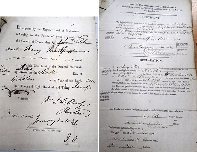 Shown on the left is the marriage certificate of John Cole and Mary Montfort provided by the Parish, and shown on the right is the forged marriage certificate of Mary Cole (also known as Mary Touge, alias Pole) and John Cole identified by changed date. Both certificates include typed and handwritten script, with signatures.