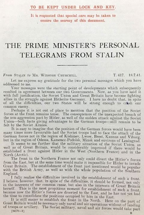 Typed letter headed 'The Prime Minister's Personal Telegrams from Stalin'.