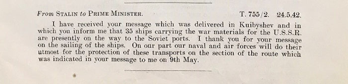 Typed letter from Stalin to Prime Minister Winston Churchill, dated 24 May 1942.