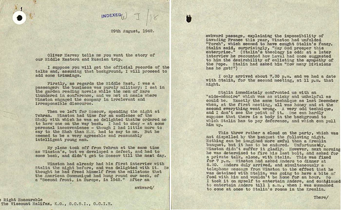 Two-page printed letter from Sir Alexander Cadogan to Viscount Halifax which describes the meeting between Churchill and Stalin that took place in Moscow on 29 August 1942.