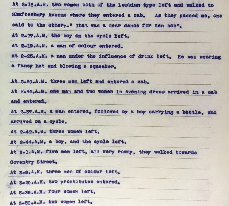 Photograph of a document noting police observations on the Shim Sham club, including a reference to 'two women both of the Lesbian type'.