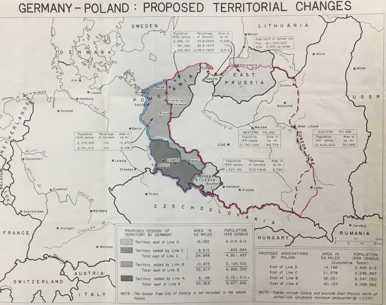 Black and white map detailing the revised borders of the Polish state as agreed by the British, American and Soviet delegations at the Yalta Conference, February 1945.