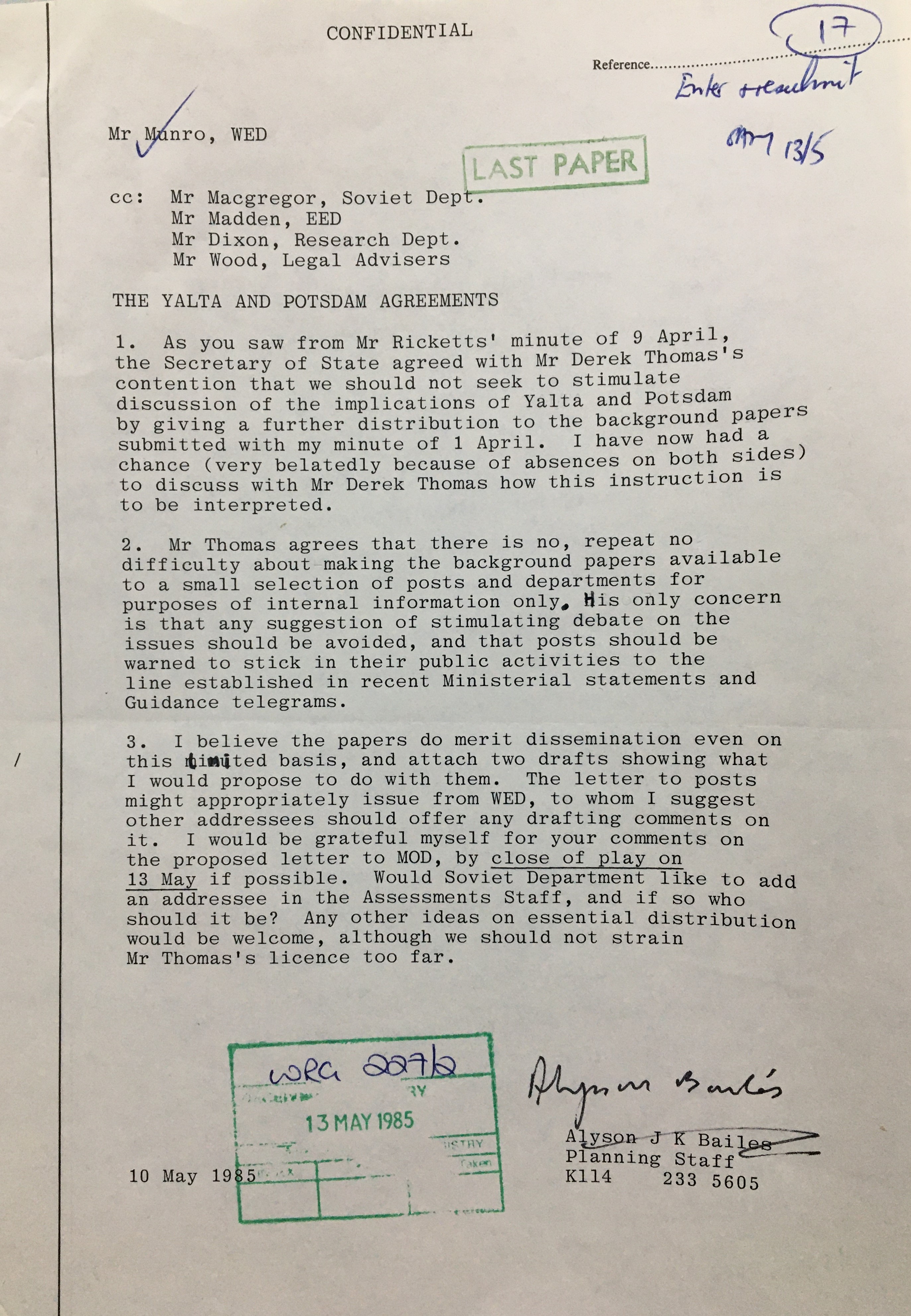Typed document showing the Confidential FCO Internal Minute on Yalta and Potsdam Agreements, 13 May 1985.