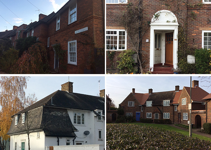 Montage of four colour photographs showing examples of the exterior of typical Roehampton Estate housing.