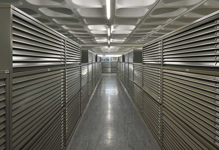 View of shelving system inside one of the National Archives' repositories.