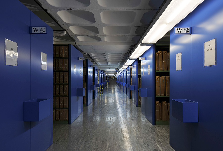 View of shelving system inside one of the National Archives' repositories.