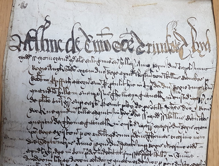 Example of a wonky headline in the plea roll for Trinity 1627.