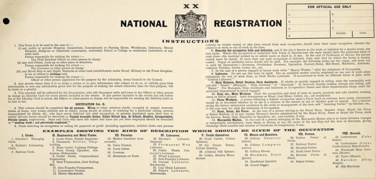 Page one from the 1939 National Registration Form detailing schedules and instructions.