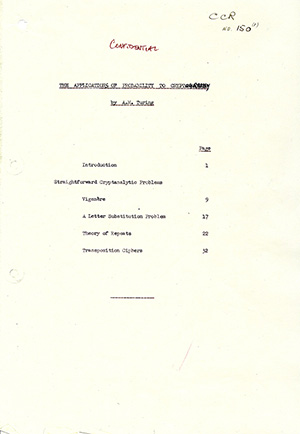 Cover page for Alan Turing's 'The Applications of Probability to Cryptography.