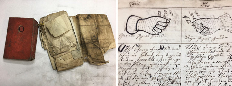 Notebooks of personal correspondence tied in bundles and drawings for trade goods are also common findings.