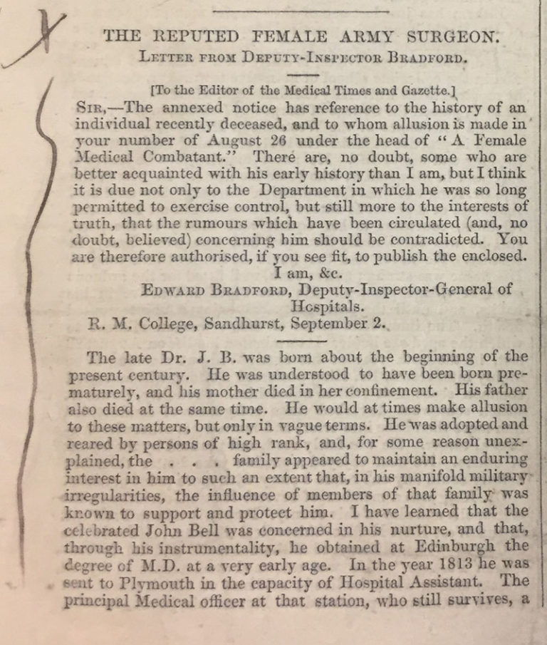 Article ‘The Reputed Female Army Surgeon’ published in the Medical Times and Gazette.