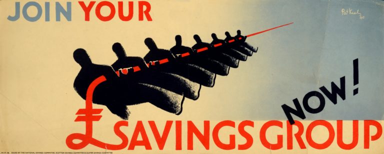 Image of a poster advertising savings groups from 1940 saying 'Join your savings group now!' Document reference NSC 5/611