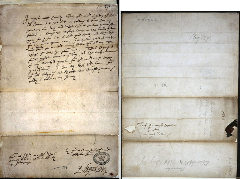 Letter from Robert Dudley, Earl of Leicester, to Elizabeth I. The reverse of the letter shows where Elizabeth is rumoured to have added the words 'his last letter'.