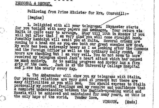 War (General) Foreign Office telegram to Moscow, No. 2347: Prime Minister to Mrs. Churchill – Stay in Moscow and personal relations with Stalin, 3 May 1945.