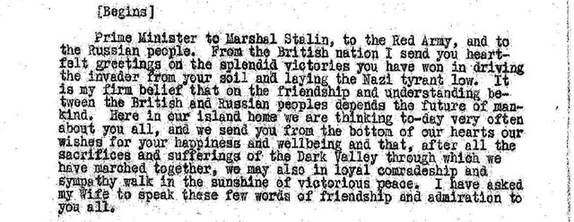 War (General): Foreign Office telegram to Moscow, No. 2504: Prime Minister to Mrs. Churchill - Proposal that the latter broadcasts to the Russian people, including a message from himself, 8 May 1945.