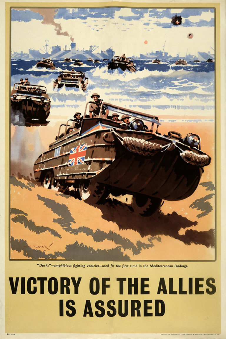 Propaganda depicting the landing of 'Ducks', amphibious fighting vehicles used by the British forces, landing in the Mediterranean, with the legend 'Victory of the Allies is Assured', 1944.