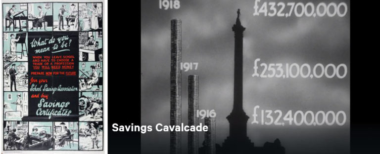 1927 poster promoting school savings associations (NSC 5/16) (left); Info-graphic from the Crown Film Unit's 1943 short film Savings Cavalcade (right)