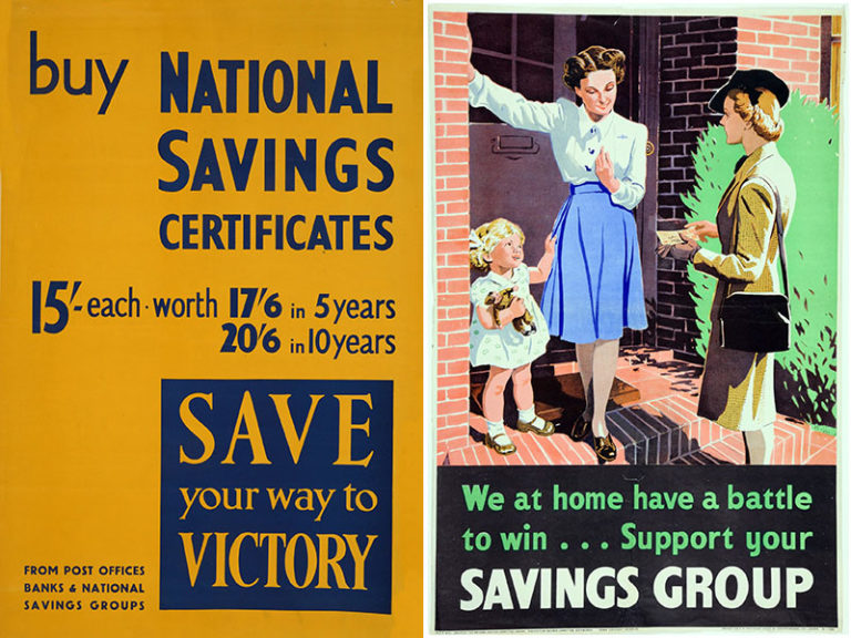 Poster showing the growth in value of National Savings certificates, 1939-1940 (NSC 5/608) (left); Support your savings group poster, 1945 (NSC 5/155) (right)