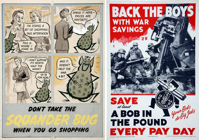 Poster featuring the Squander Bug from 1943 (Catalogue ref: NSC 5/624) (left); War savings poster from 1944 featuring the Bob in the Pound slogan (Catalogue ref: NSC 5/131)
