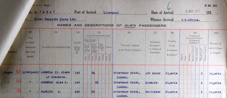 Passenger list showing Princess Ademola’s return to Britain in 1937.