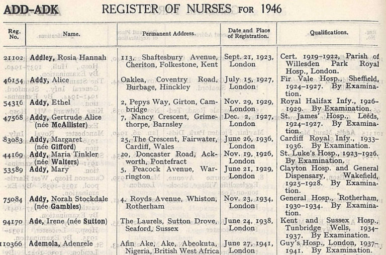 Nurse Ademola on the 1946 Register of Nurses.