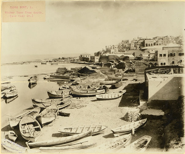Boats on the shore in the port of Jaffa, circa 1920.
