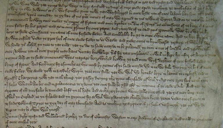 Parchment roll showing Henry V's letter to England in the aftermath of Troyes [Catalogue reference: C 54/270 m17d]