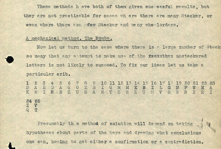 Example of a crib in Turing’s Mathematical theory of ENIGMA machine. Catalogue ref: HW 25/3.