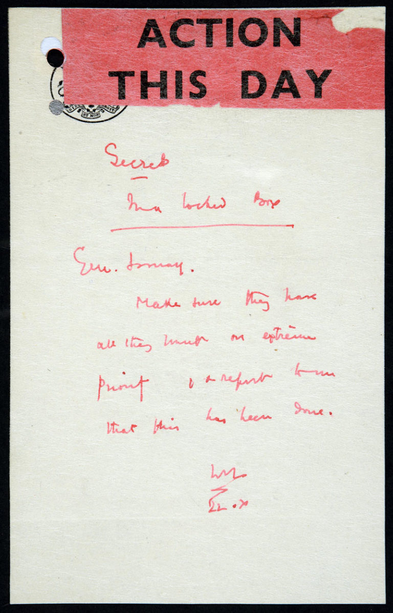 Churchill’s note, 22 October 1941. Catalogue ref: HW 1/155