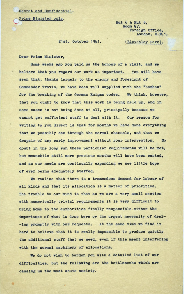 First page of the letter to Churchill, 21 October 1941. Catalogue ref: HW 1/155.