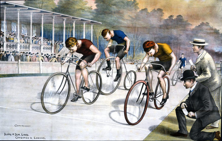 Colour illustration of three competitive cyclists racing, watched by two officials.