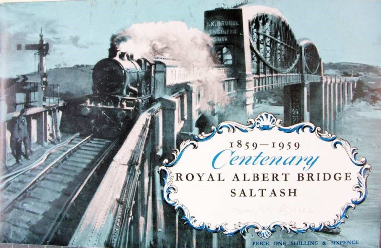 A commemorative brochure cover showing a steam train crossing a Bridge. The bridge is inscribed J K Brunel Engineer 1859. The brochure has a decorative panel which says 1859 to 1959 Centenary Royal Albert Bridge Saltash. At the bottom of the brochure it says price one shilling and sixpence