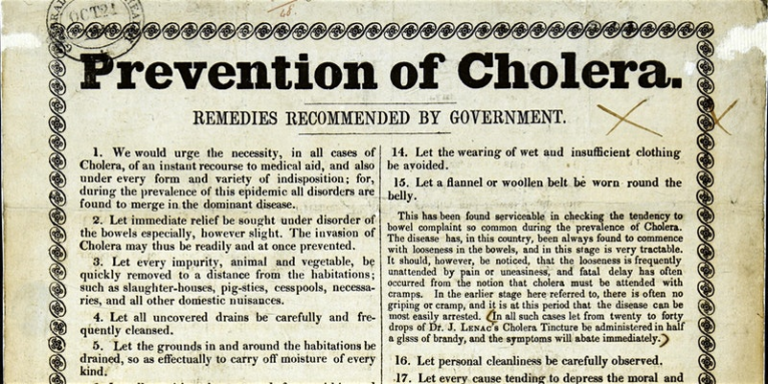 A poster listing preventative measure to take against cholera found in the records of The General Board of Health, c.1848. Catalogue reference: MH 13/245