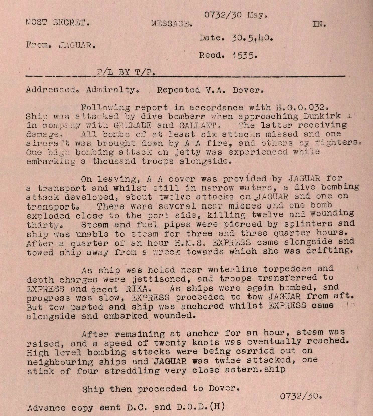 Report from HMS Jaguar to Admiralty and Vice-Admiral Dover: Report on crossing to and from Dunkirk, 30 May 1940.