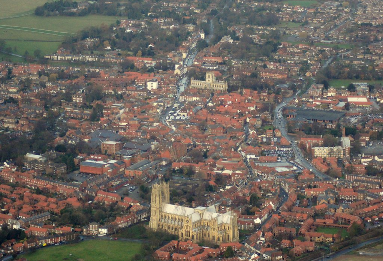 Aerial colour view of the town of Beverley with the Minster in the foreground.
