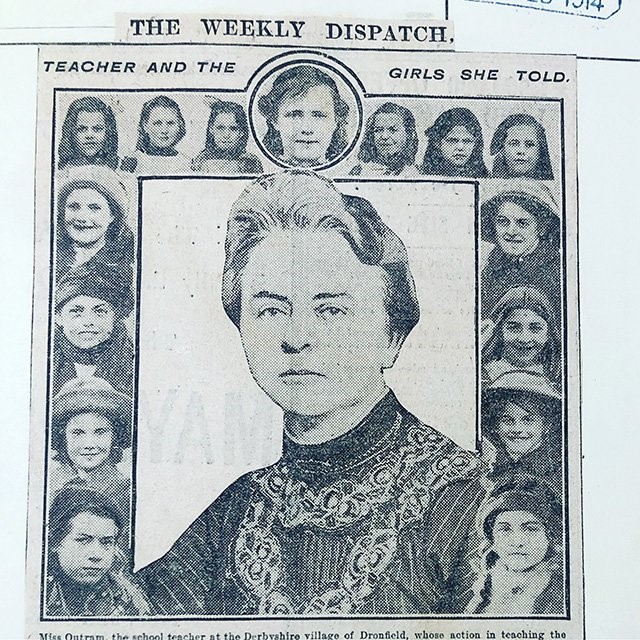 Image of a black and white newspaper article with the caption, ‘Teacher and the girls she told’, with images of Miss Outram and some of her pupils. Found in ED 50/185.