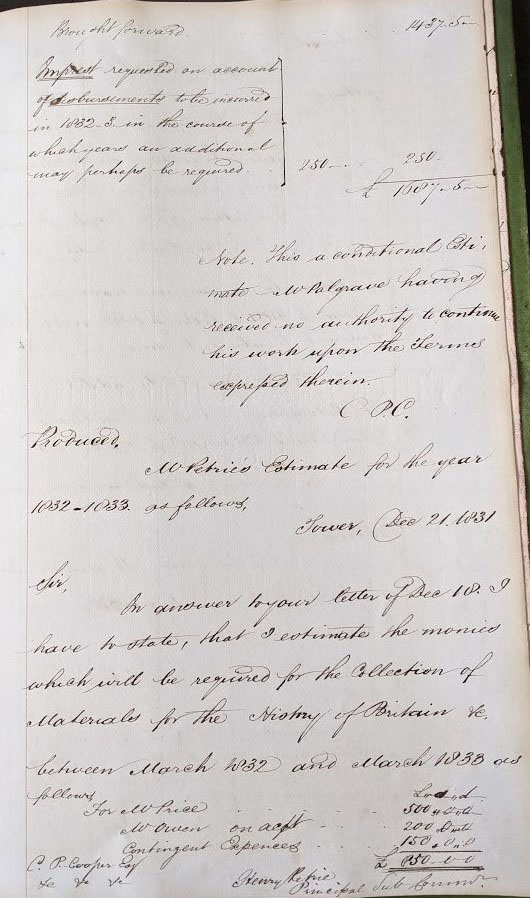 A note in the minute book that Palgrave had not been authorised to continue his work on the terms set out on the previous page.
