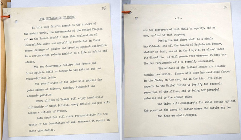Two typed pages from The Declaration of Union, dated 16 June 1940.