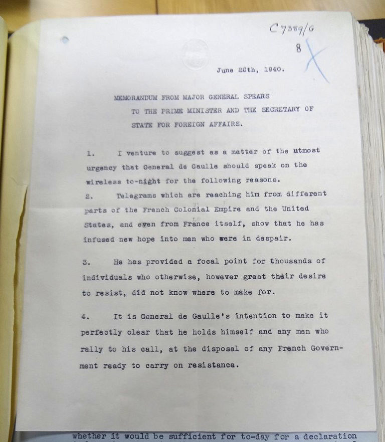 First page of the memorandum by Major General Spears, 20 June 1940.