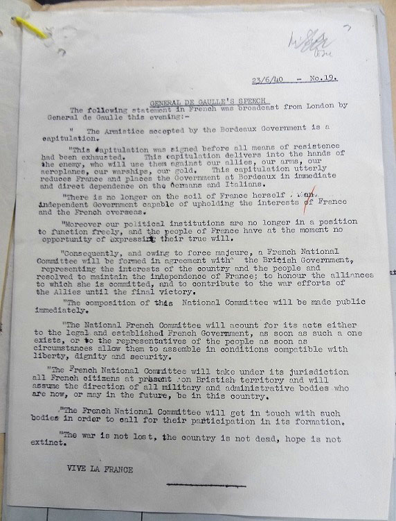 Text of General de Gaulle’s broadcast, 23 June 1940.